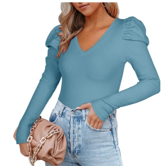 REORIA Women’s Casual V Neck Puff Long Sleeve Ribbed Slimming Thong Bodysuit Top - Picture 1 of 10